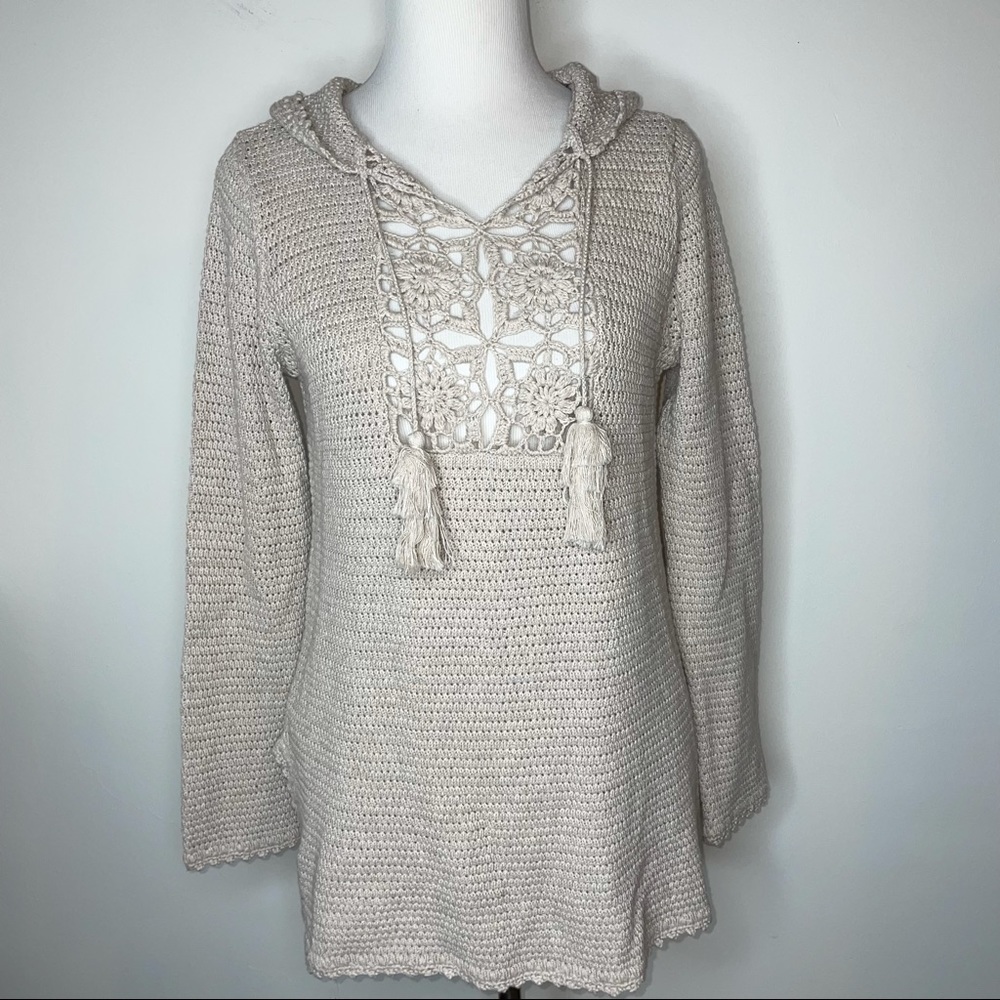 NWT $128 525 America Women’s S Cotton Knit Crochet Sweater Hoodie  Beige Sand